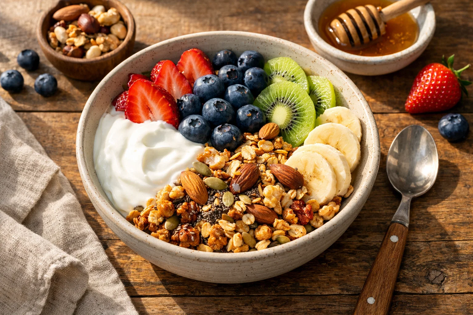healthy breakfast bowl with fresh fruits, nuts, granola and yogurt on wooden table, morning light, natural food photography