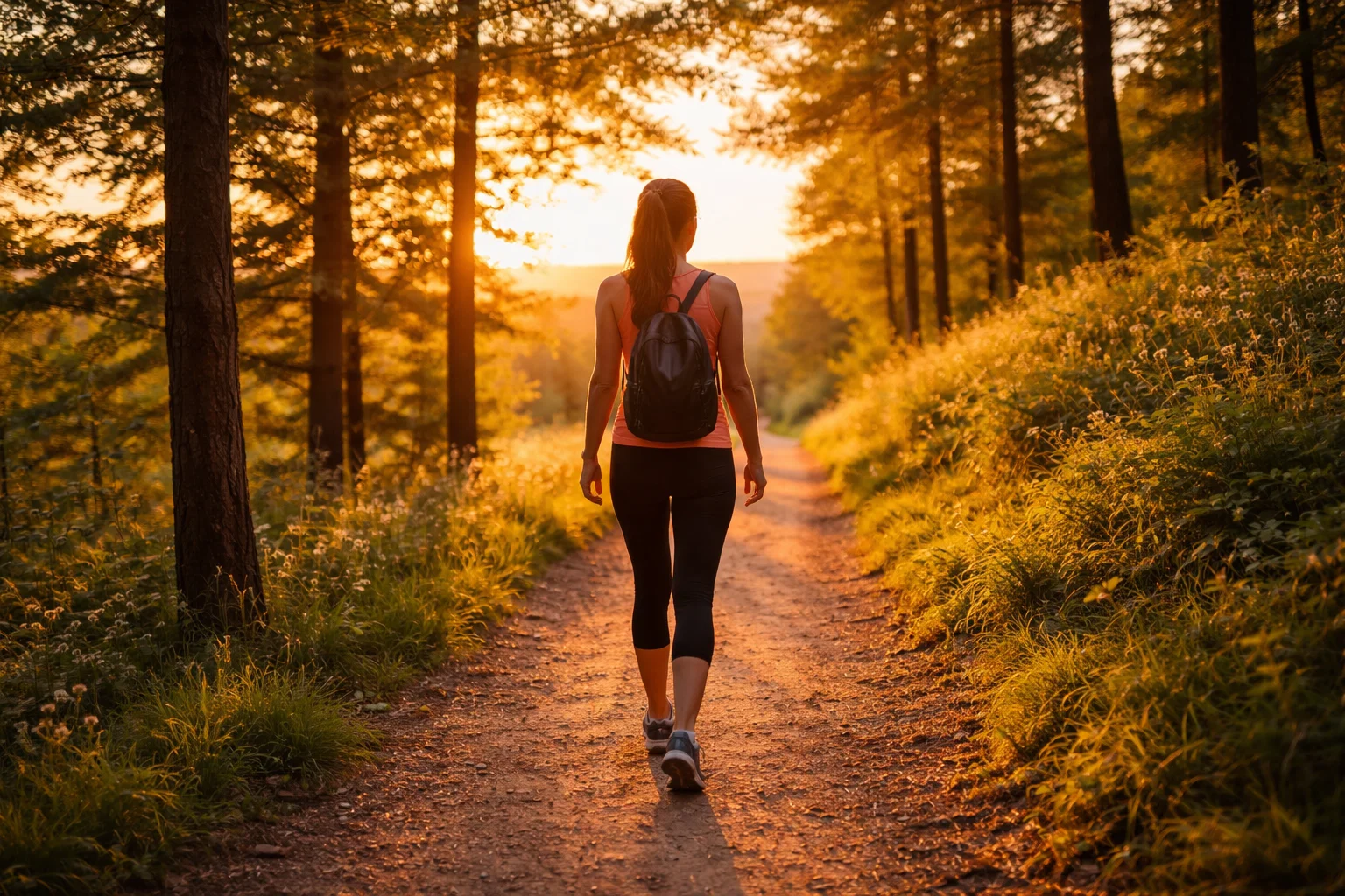 person walking in nature park at sunset, active lifestyle, outdoor exercise, peaceful walking trail with trees